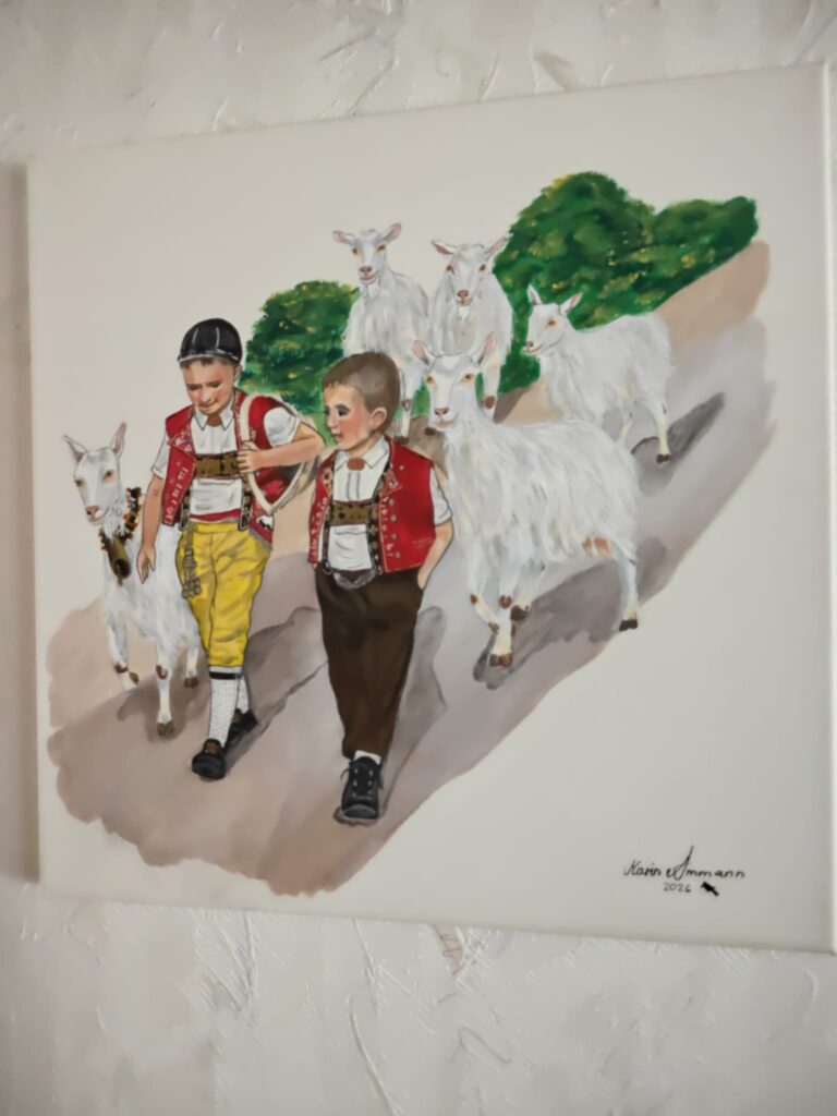Kinder in Appenzeller Tracht mit Ziegen – Bauernmalerei Ammann